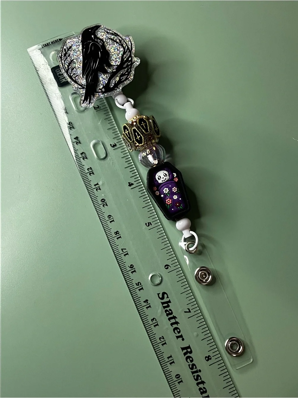 Raven Silver Sparkle Badge Reel with Coffin Beads • Handmade Halloween Work Gift